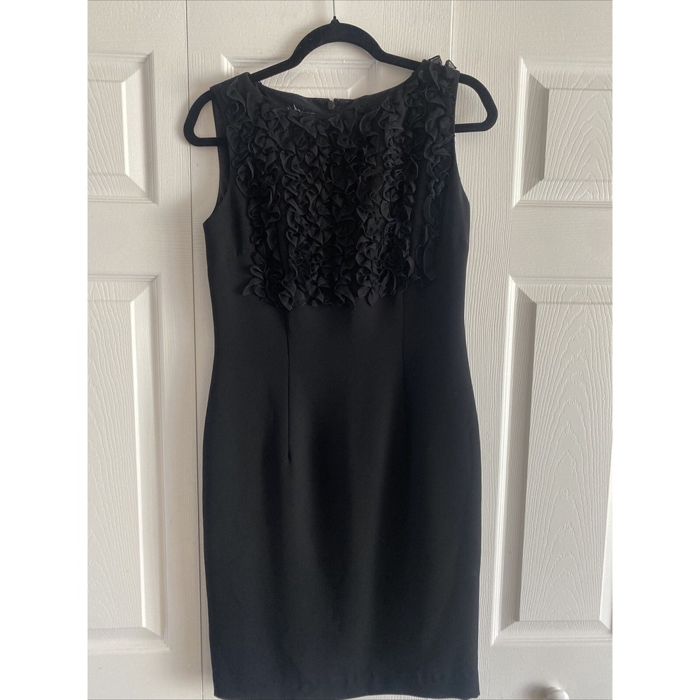 Maggy London Ruffle Sheath Dress Womens Size 4 Black Cocktail Silk Trim LBD‎